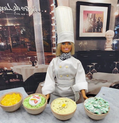 Chef doll with four miniature side dishes including miniature cucumber salad for dolls by Chef Gina's Mini Food