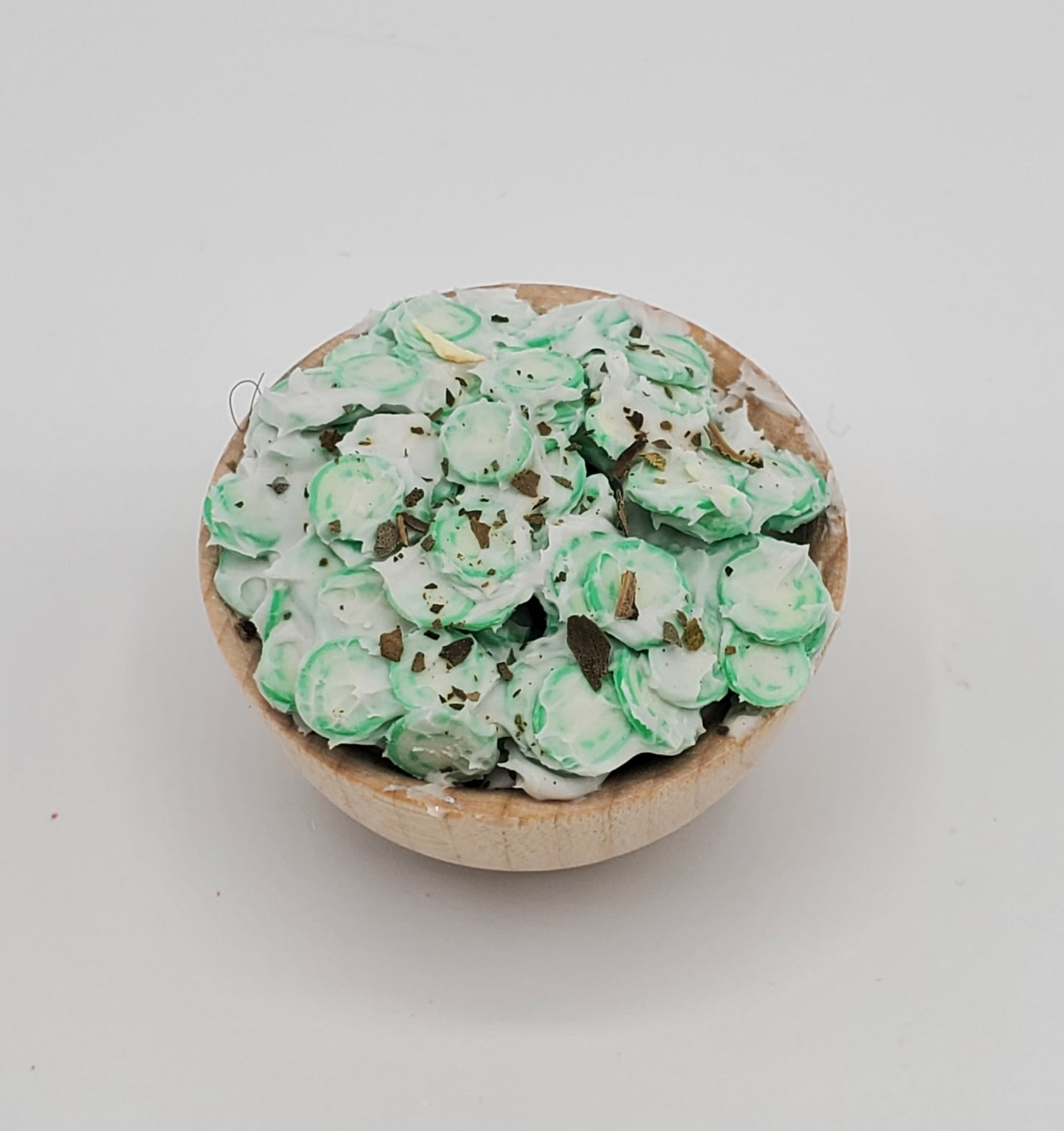 Chef Ginas miniature cucumber salad for dolls in a small wooden bowl side dish