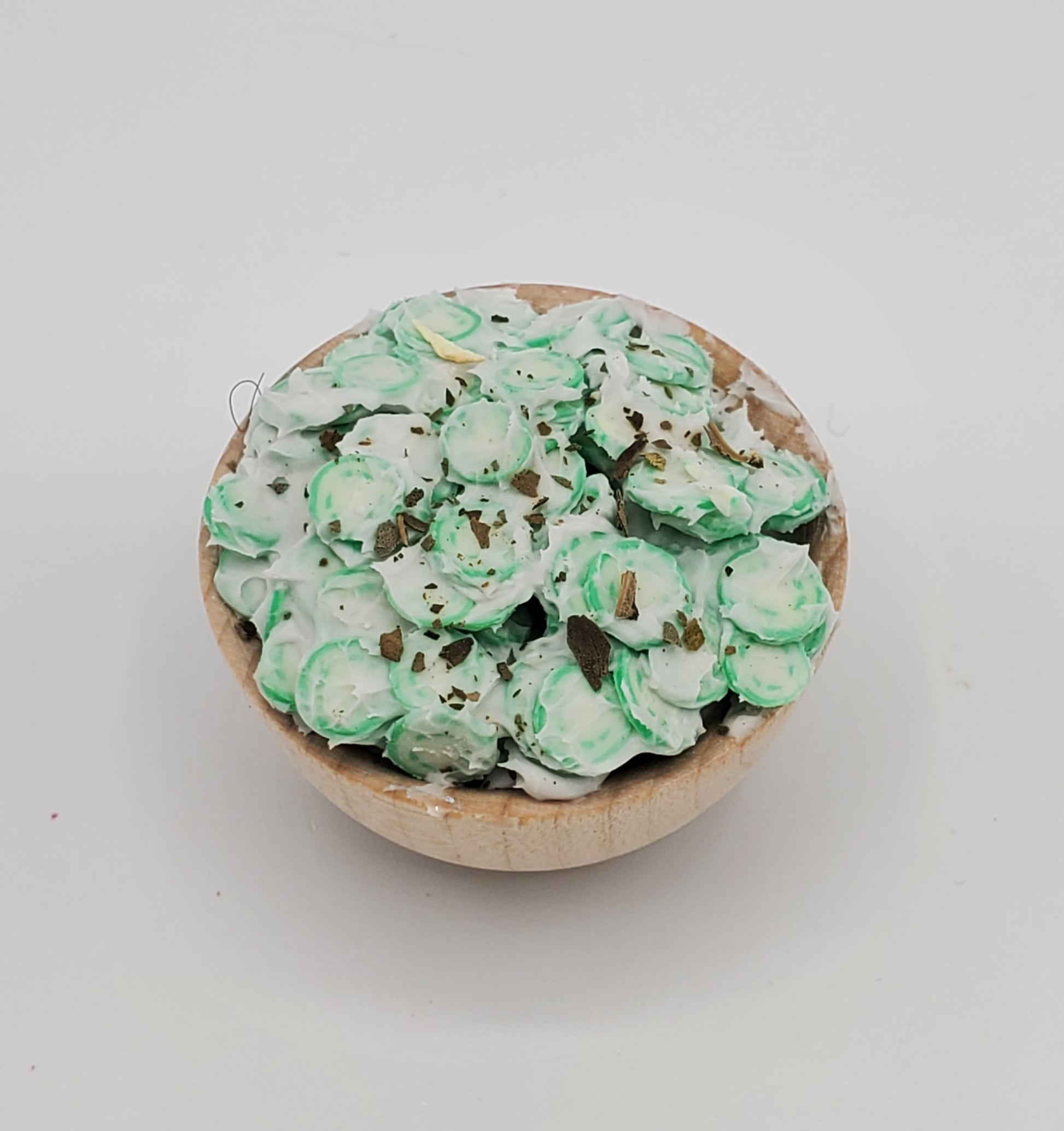 Chef Ginas miniature cucumber salad for dolls in a small wooden bowl side dish