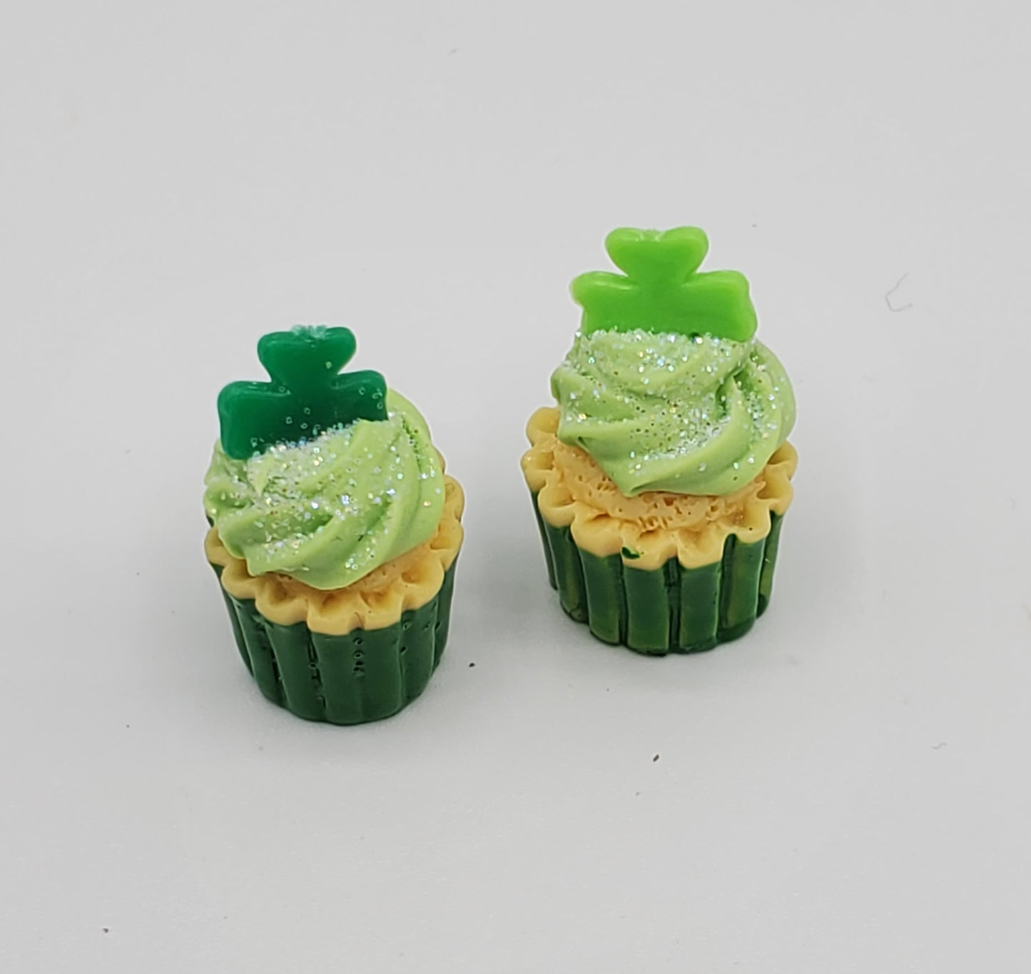 Chef Gina's miniature doll food St Patrick's cupcakes with green frosting and shamrock toppers