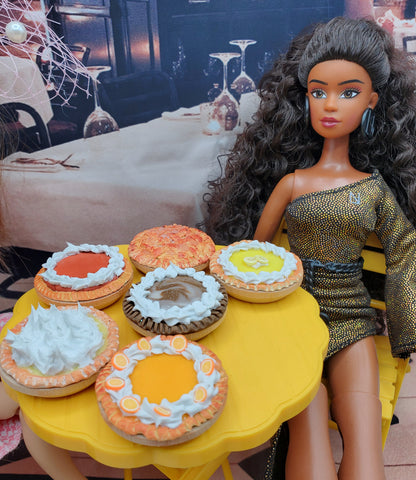 Chef Ginas Mini Food miniature orange cream pie and assorted mini pies on yellow table with doll