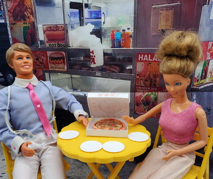 Miniature pizza Fashion doll food with two dolls sitting at yellow table enjoying pizza box
