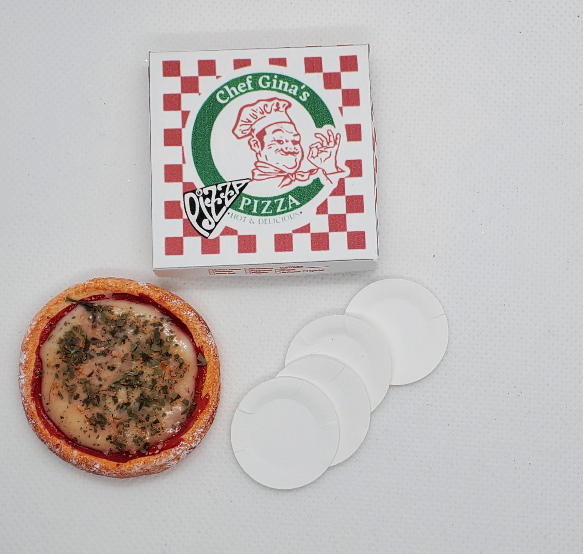 Chef Gina's miniature pizza Fashion doll food with pizza box and plates for doll accessories