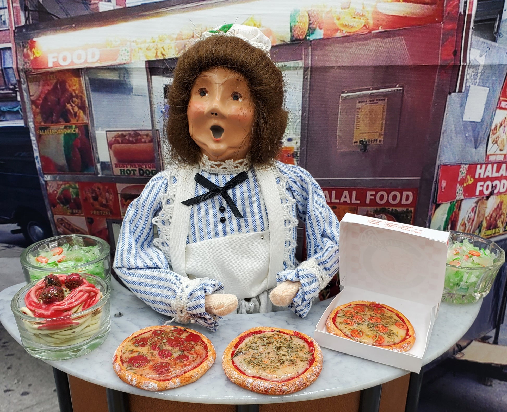 Miniature pizza Fashion doll food set featuring three detailed miniature pizzas displayed with a chef-themed doll in a food stall
