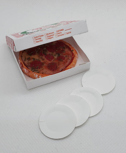 Chef Gina's miniature pizza Fashion doll food with pepperoni in an open white pizza box and round white plates