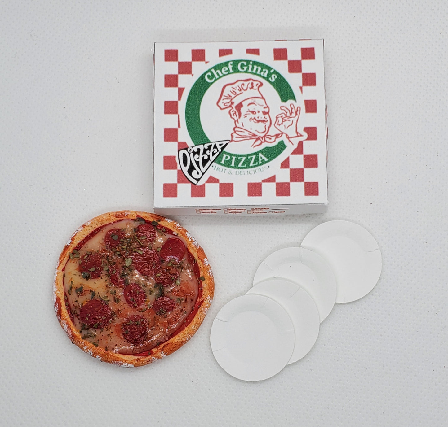 Chef Gina's miniature pizza Fashion doll food with pizza box and white plates accessory set