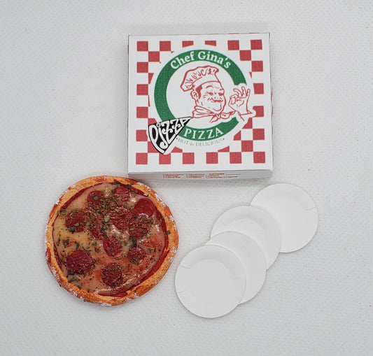 Chef Gina's miniature pizza Fashion doll food with pizza box and white plates accessory set