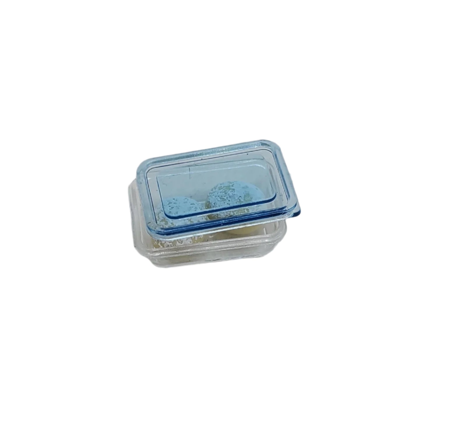 Chef Gina's® Mini Food miniature rum balls for dolls in a clear container with a blue lid
