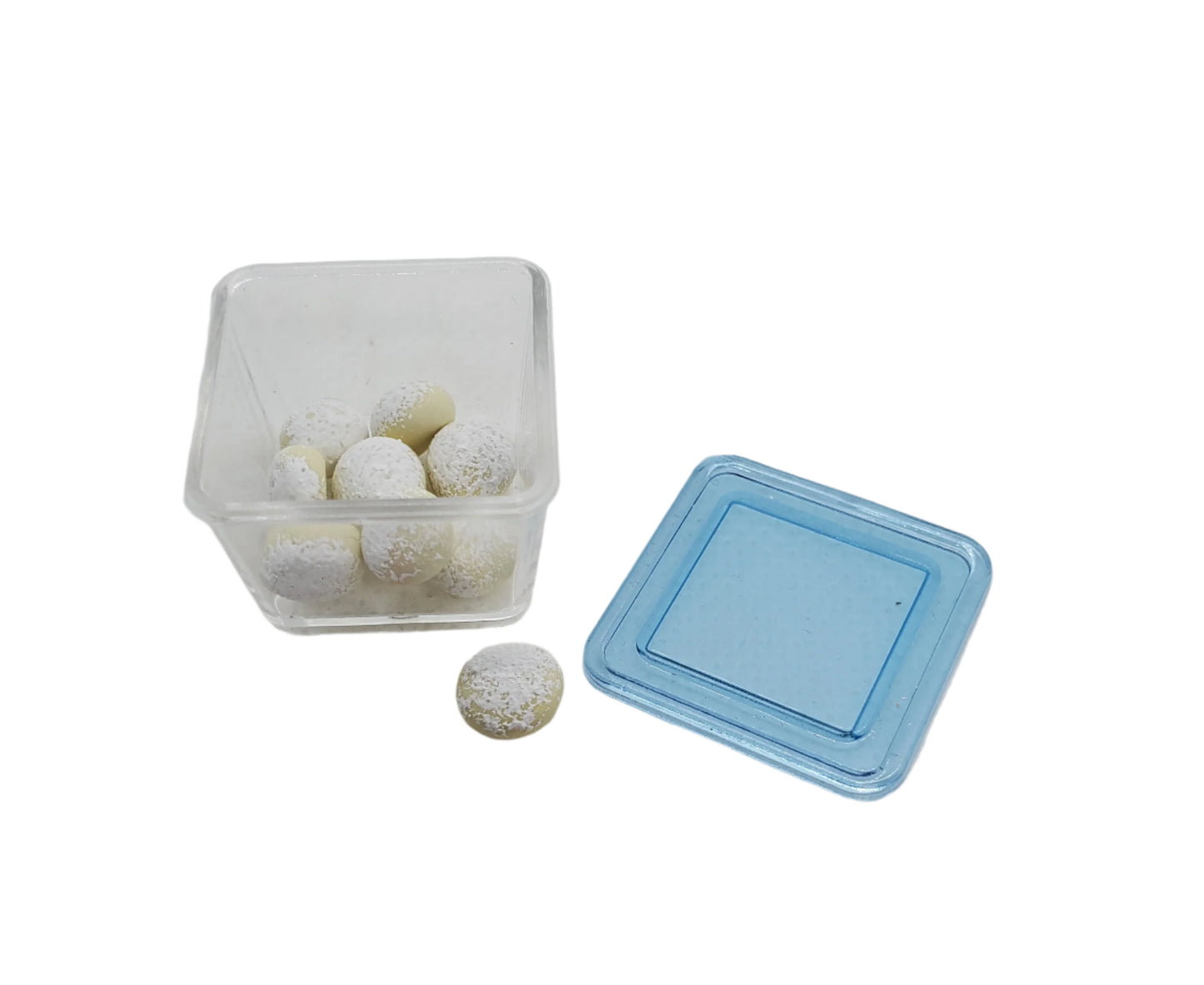 Chef Gina's® Mini Food miniature rum balls for dolls in clear container with a blue lid