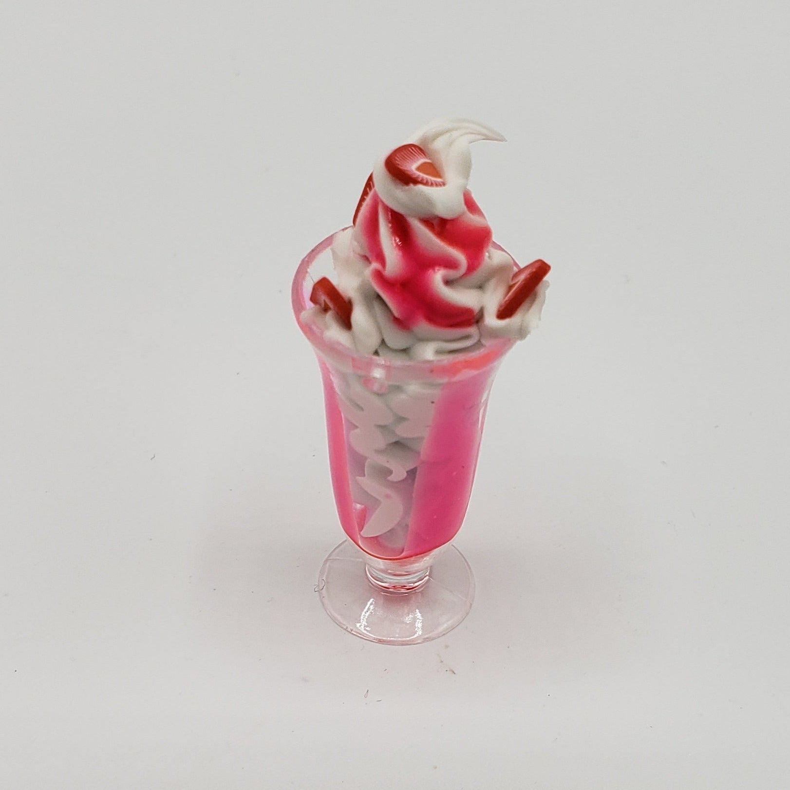 Chef Ginas miniature strawberry sundae for dolls with pink ice cream and whipped topping in clear glass
