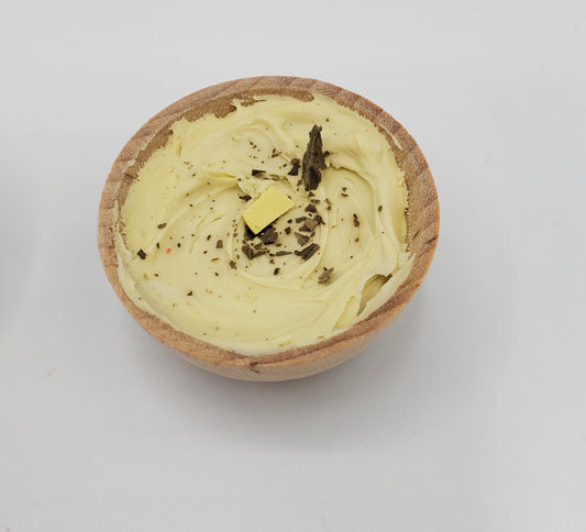 Miniature Yukon Gold mashed potatoes in a wooden bowl with butter and herbs by Chef Ginas Mini Food
