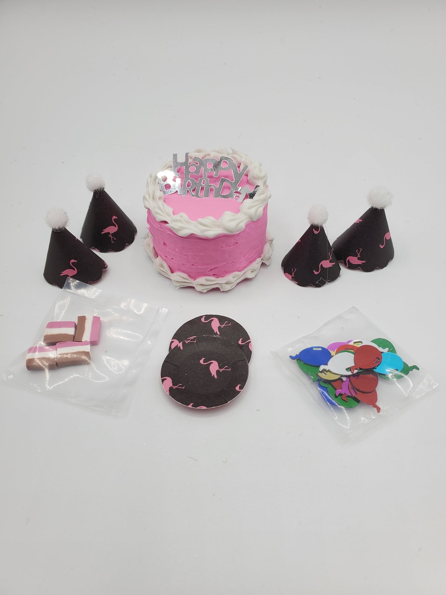 Chef Gina's Mini Food pink flamingo doll party set with pink cake and black party hats