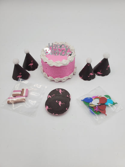Chef Gina's Mini Food pink flamingo doll party set with pink cake and black party hats