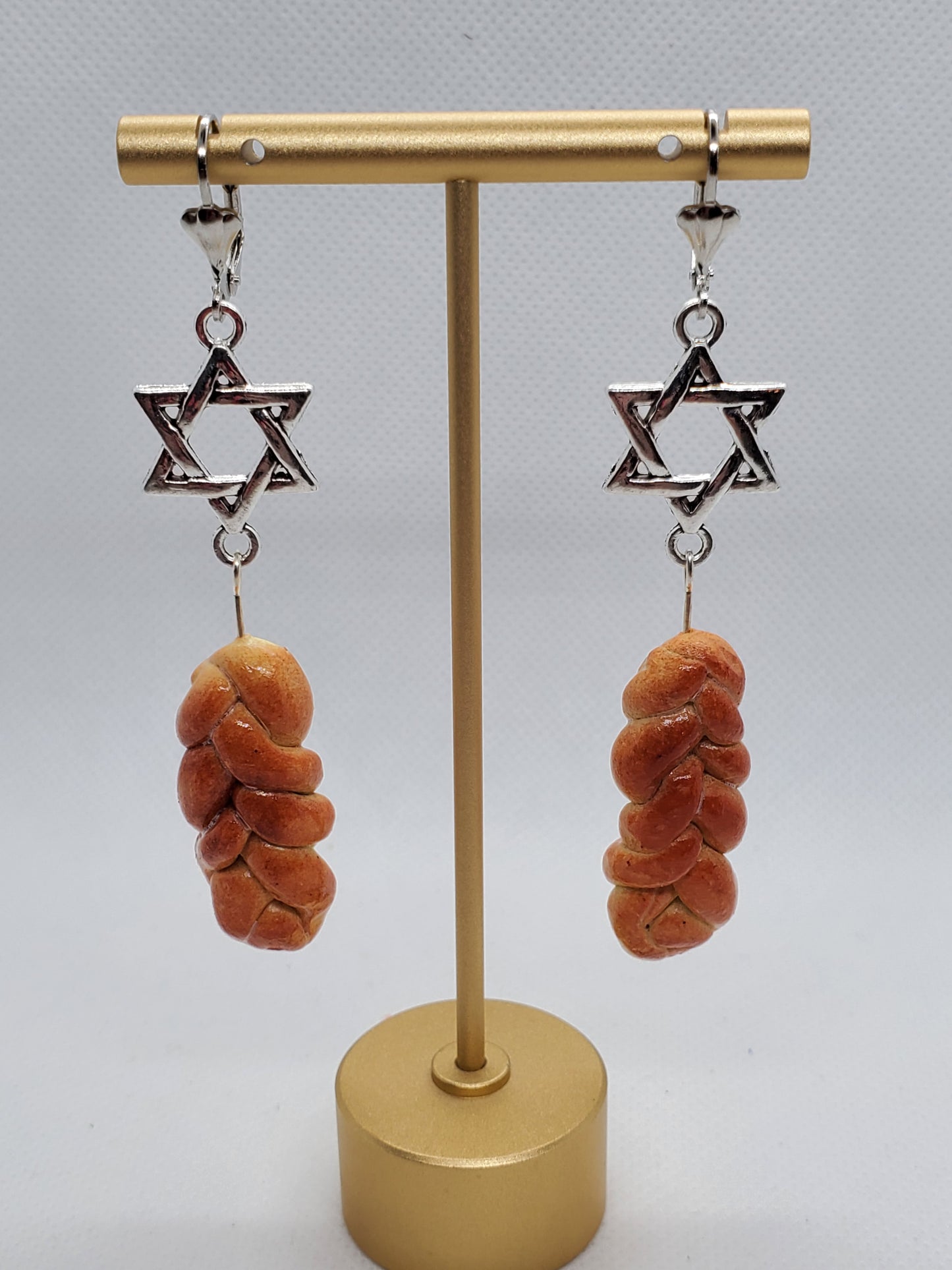 Chef Ginas Mini Food earrings featuring miniature challah bread jewelry with Star of David charms