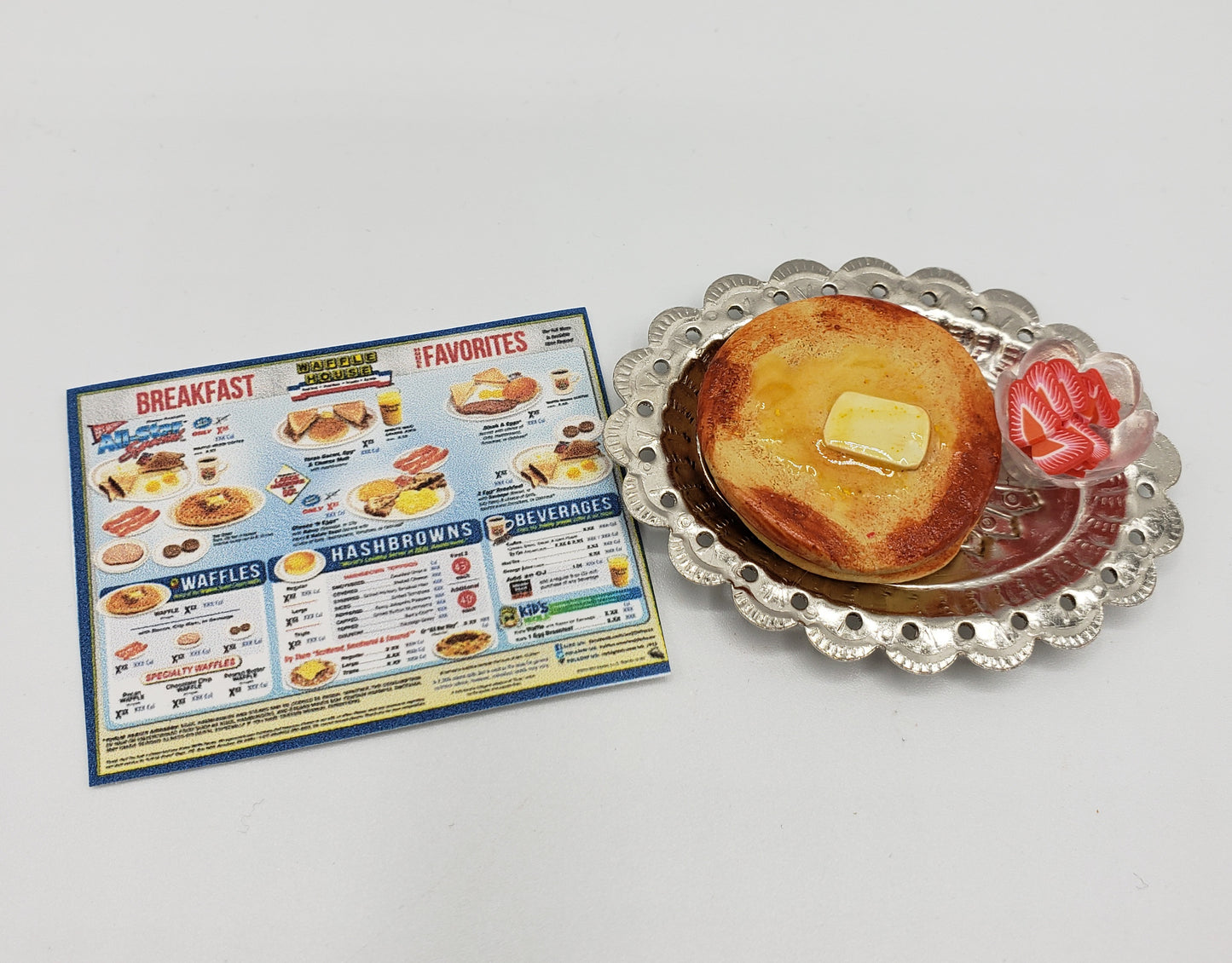 Chef Gina's Mini Food tiny pancakes for dolls served with butter and strawberries on a silver plate