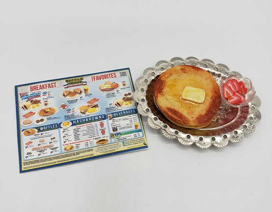 Chef Gina's Mini Food tiny pancakes for dolls served with butter and strawberries on a silver plate