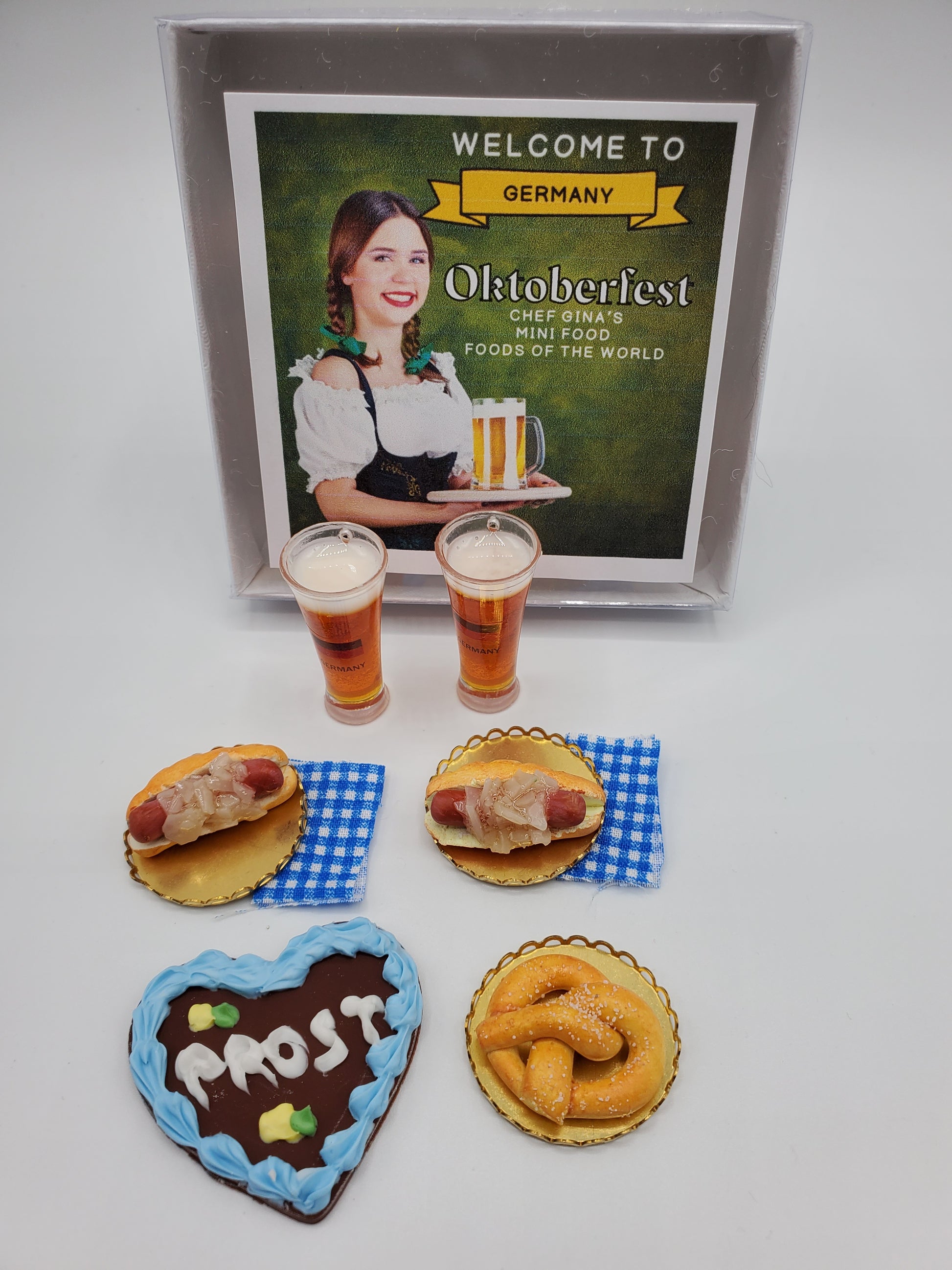 1:6 scale Oktoberfest doll food set including beer glasses, sausages, pretzel, and heart-shaped chocolate cookie