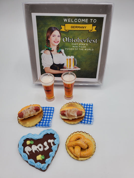 1:6 scale Oktoberfest doll food set including beer glasses, sausages, pretzel, and heart-shaped chocolate cookie