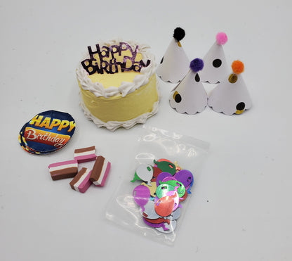Chef Ginas Mini Food Polka Dot Doll Birthday Set with cake, party hats, confetti, and birthday badge