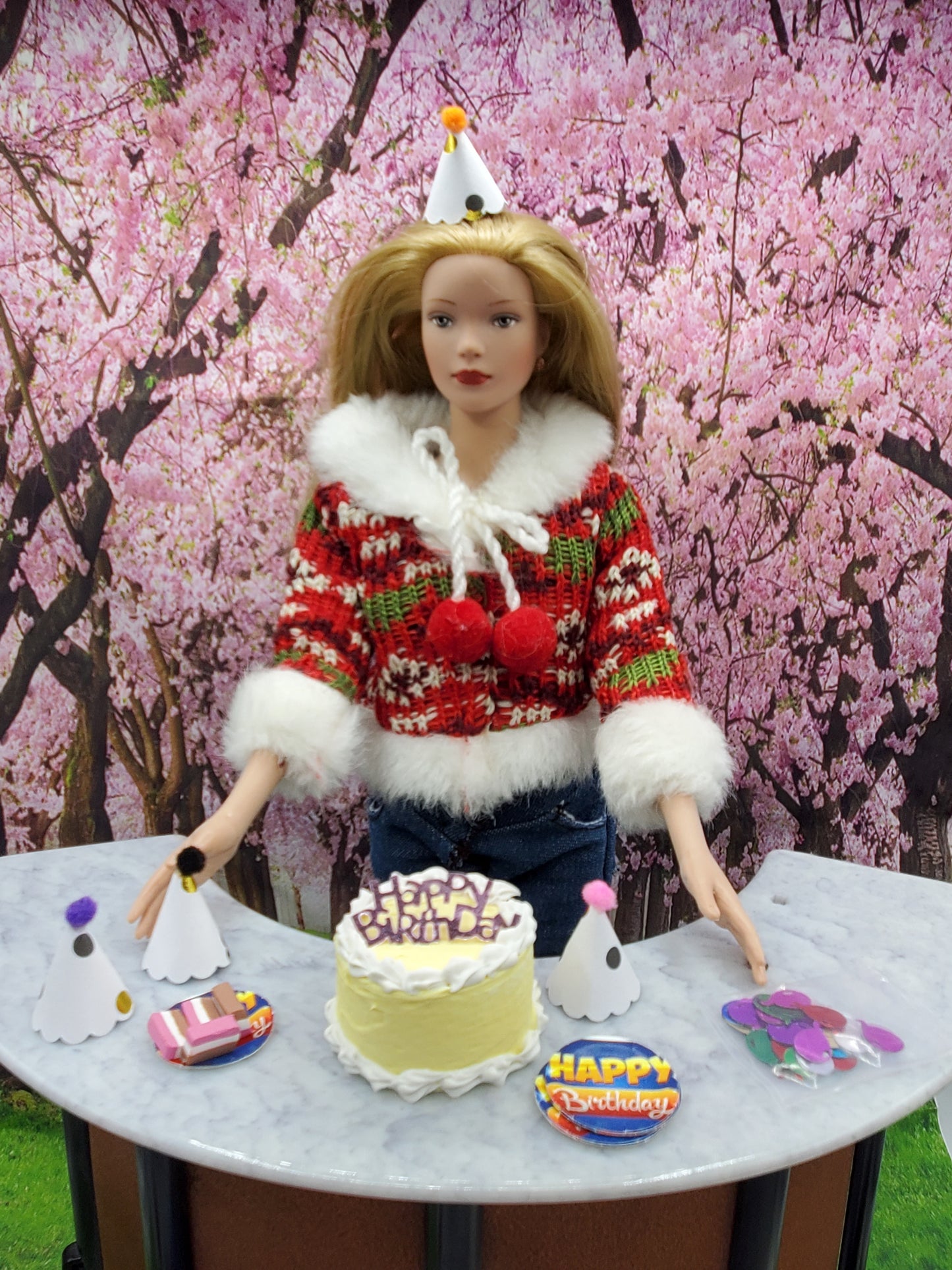 Polka Dot Doll Birthday Set dessert featuring a doll with party hat and birthday cake by Chef Gina's Mini Food