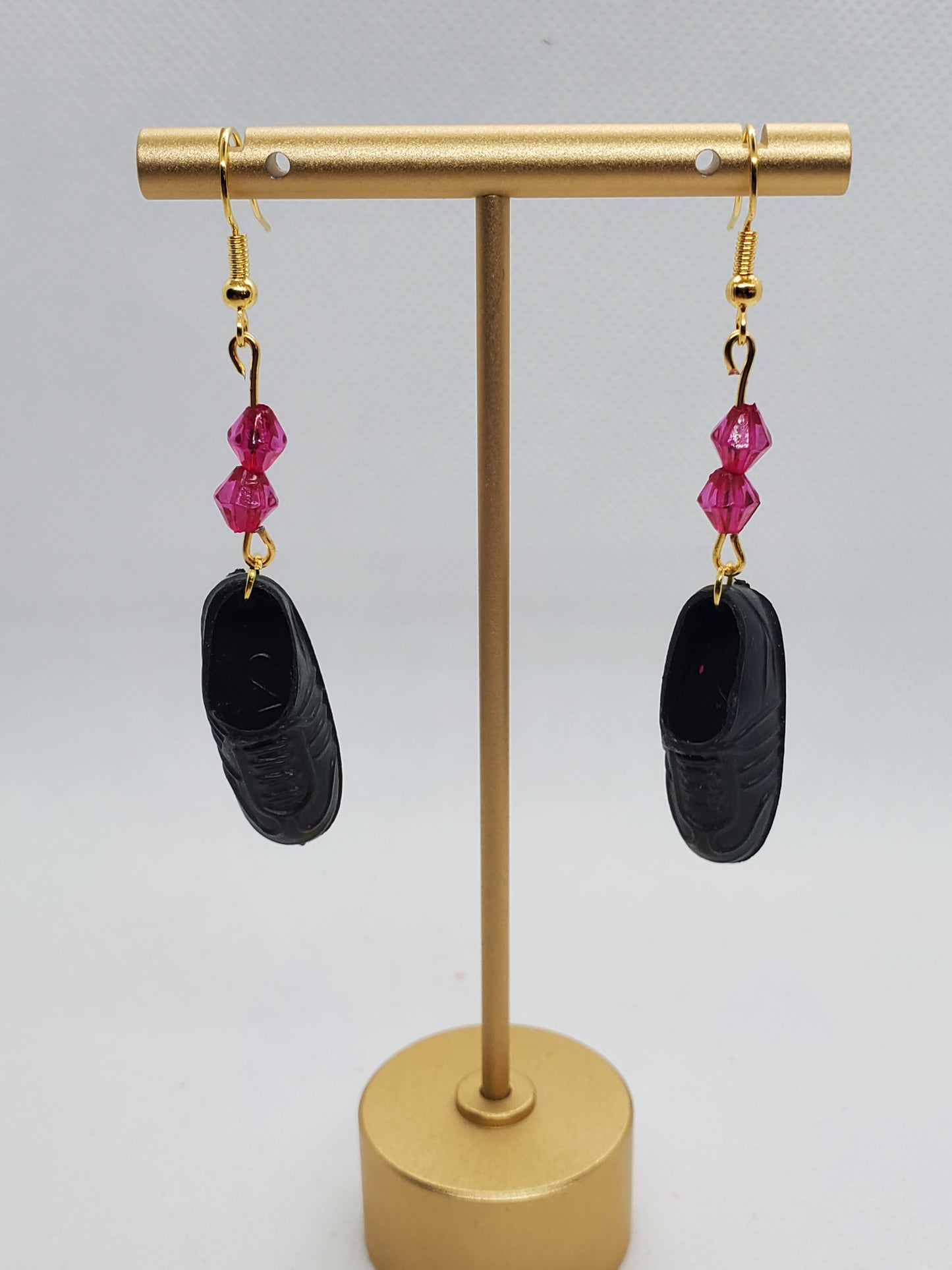 Chef Ginas Mini Food vintage Barbie shoe earrings with black shoe charms and pink beads on gold hooks