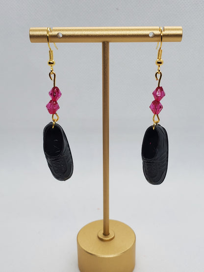 Chef Ginas Mini Food vintage Barbie shoe earrings with black shoe charms and pink beads on gold hooks