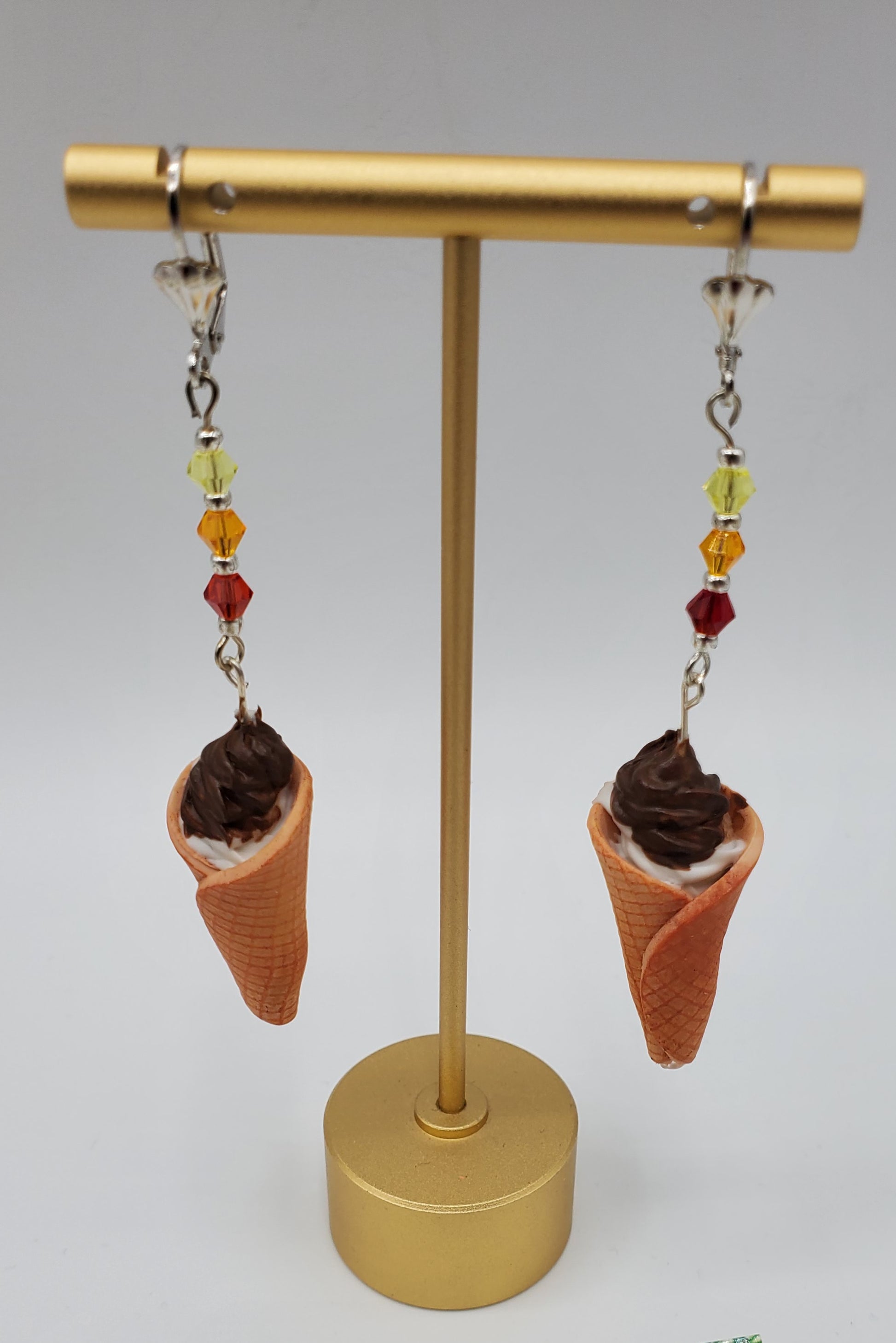 Chef Gina's Mini Food waffle cone ice cream earrings with chocolate swirl and colorful beads