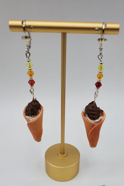 Chef Gina's Mini Food waffle cone ice cream earrings with chocolate swirl and colorful beads