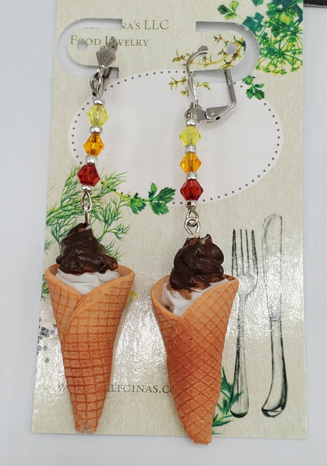 Chef Gina's waffle cone ice cream earrings with colorful beads and chocolate topping gift set