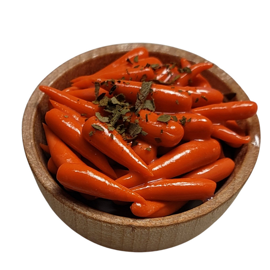 Realistic 1:6 scale doll food carrots in a wooden bowl, perfect for miniature scenes and displays
