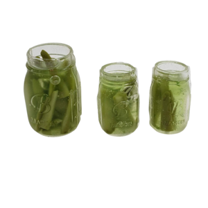 1:6 scale mason jar pickles set featuring three different sizes for miniature displays