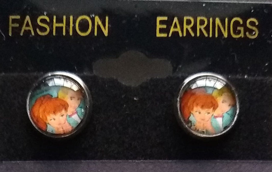 Fashion earrings featuring a vintage cartoon design on a black display card with Barbie Ken necklace keyword