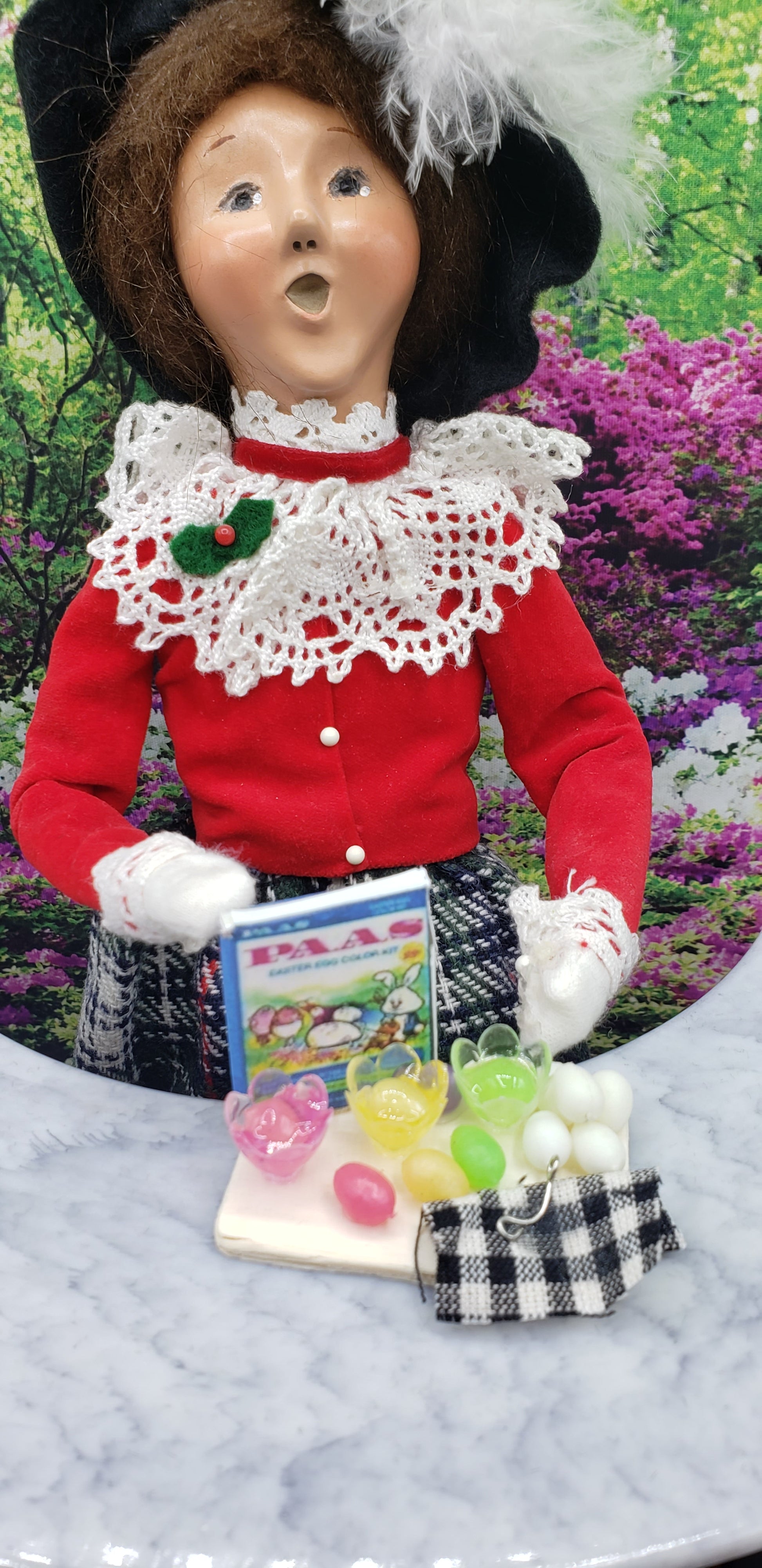 Chef Gina's fashion doll egg decorating kit featuring a doll in red with decorating accessories