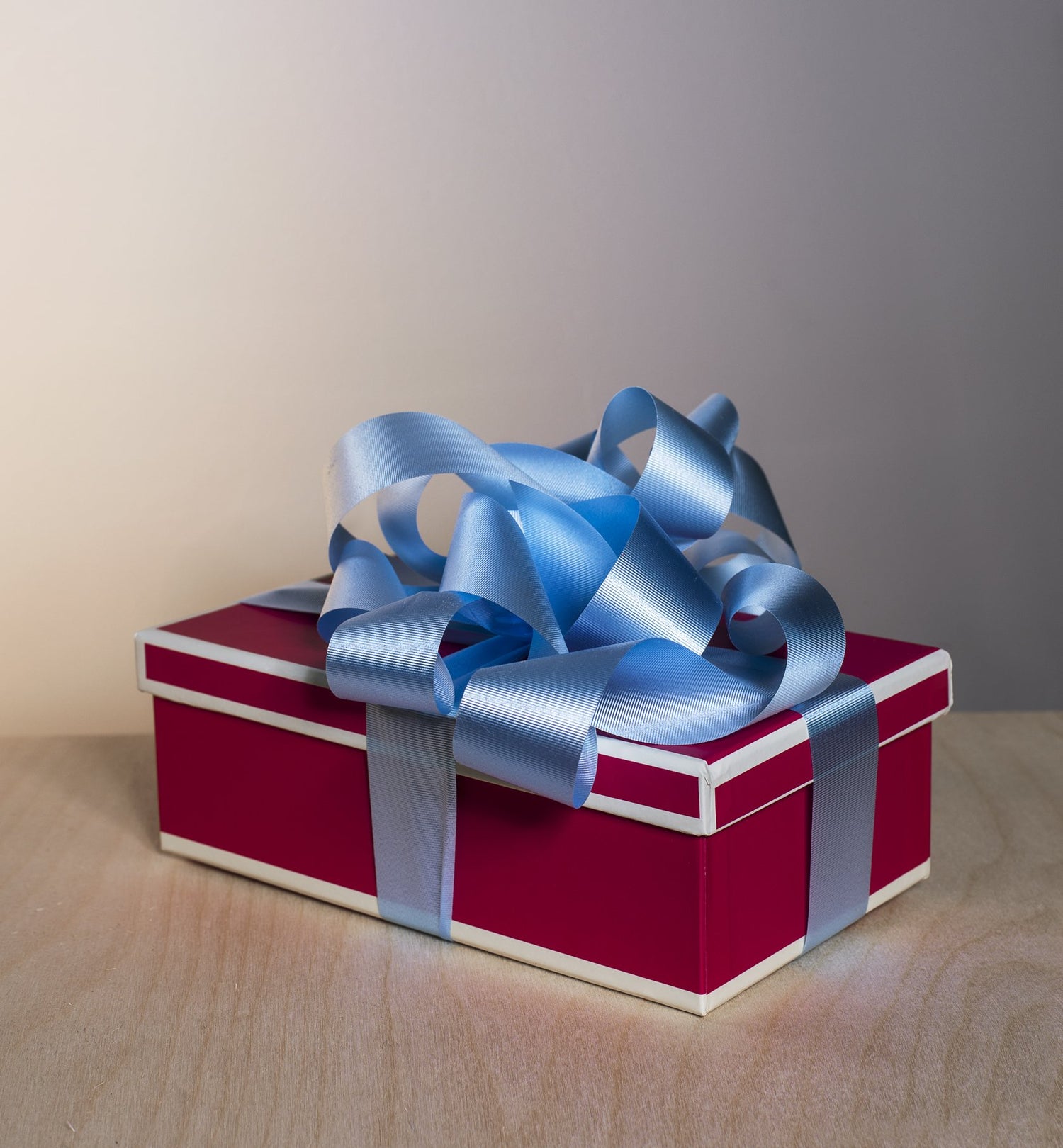 Chef Gina’s™ Mini Food Gift Card in a Festively Wrapped Red Box with Blue Ribbon