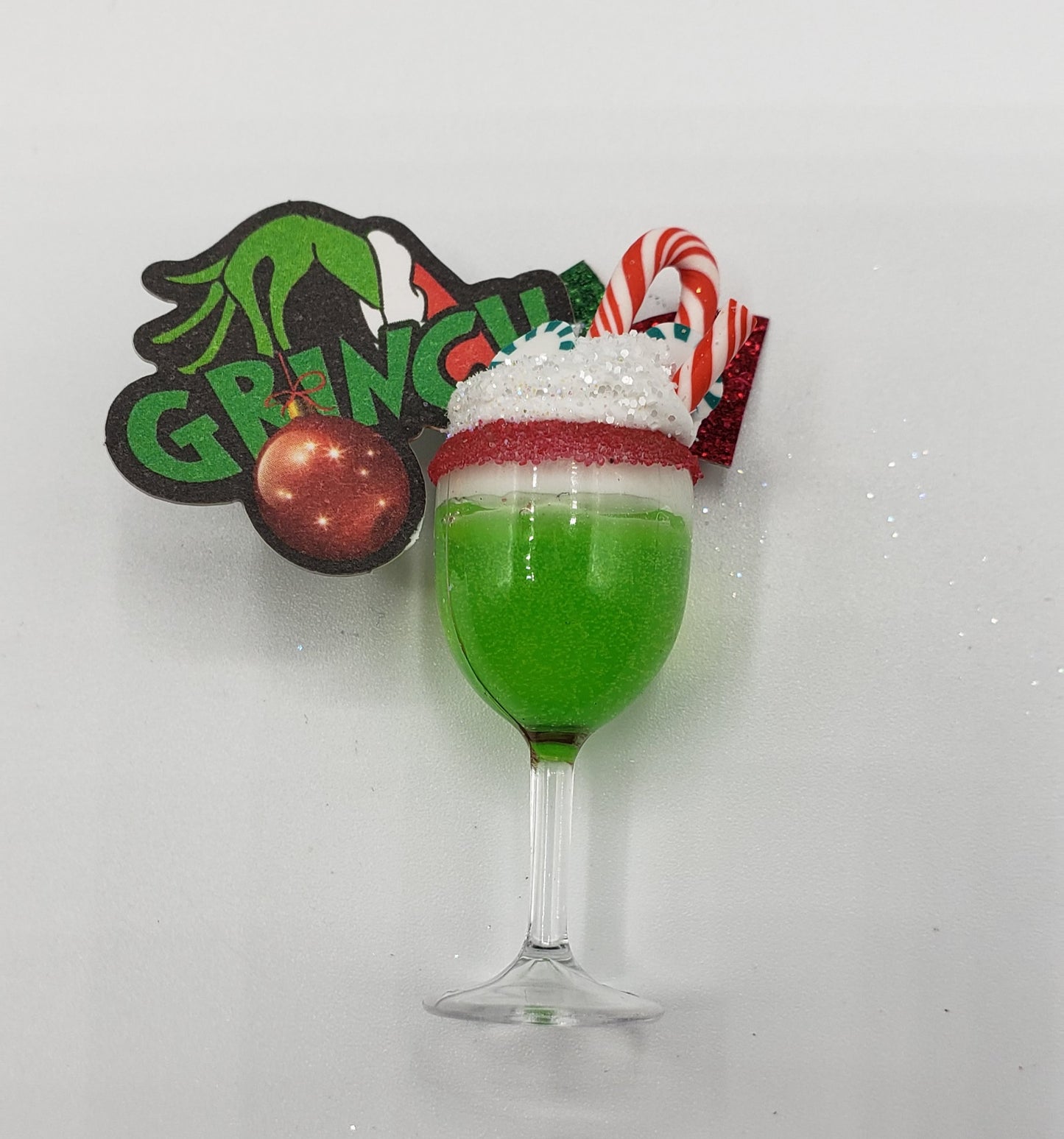 Chef Gina's Mini Food Grinch Christmas doll drink with green liquid candy cane and festive decoration