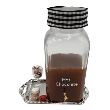 Chefginas mini hot chocolate bar for dolls featuring a jar of hot chocolate and toppings on a silver tray