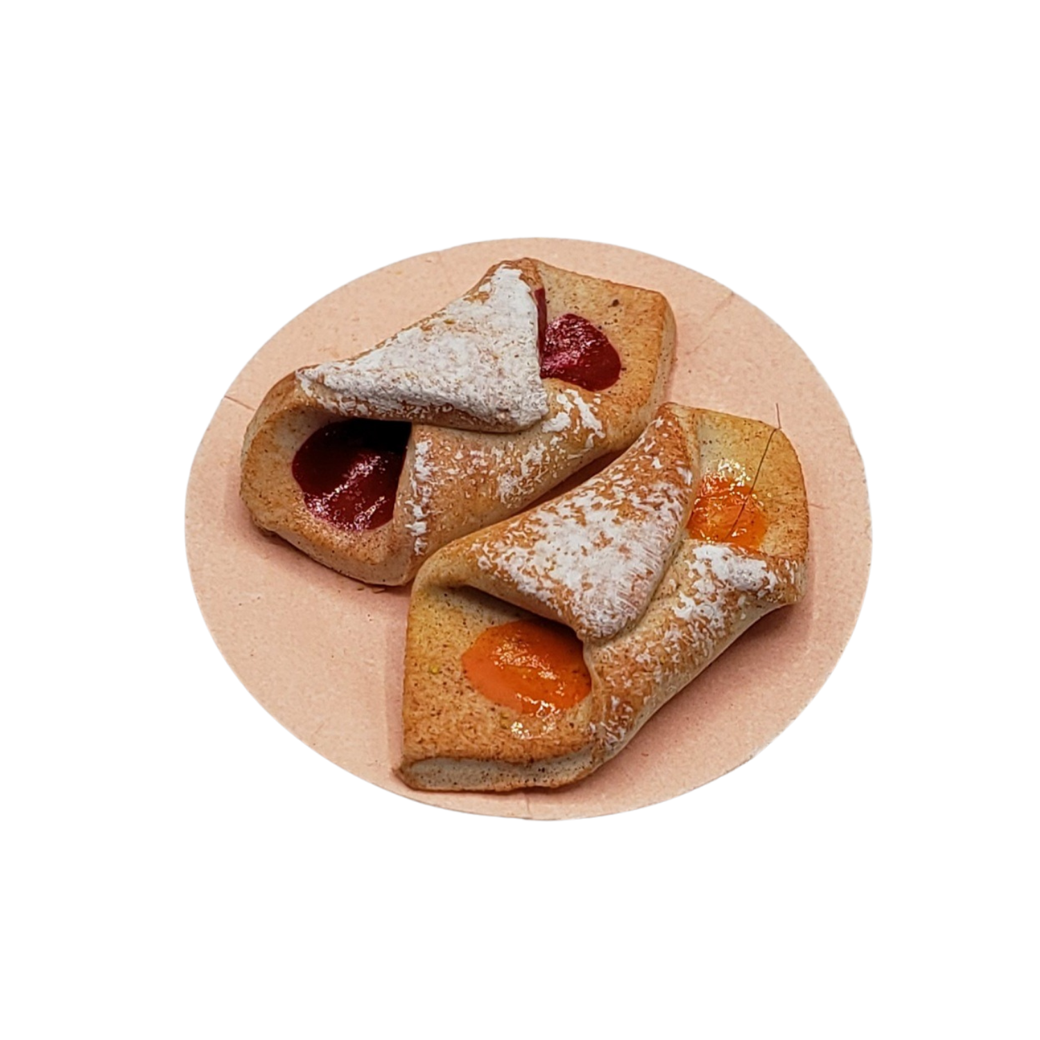 Miniature koloche doll food featuring assorted fruit filling pastries on a plate