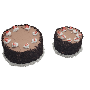 Two delectable miniature spring chocolate cakes topped with whipped cream and strawberries