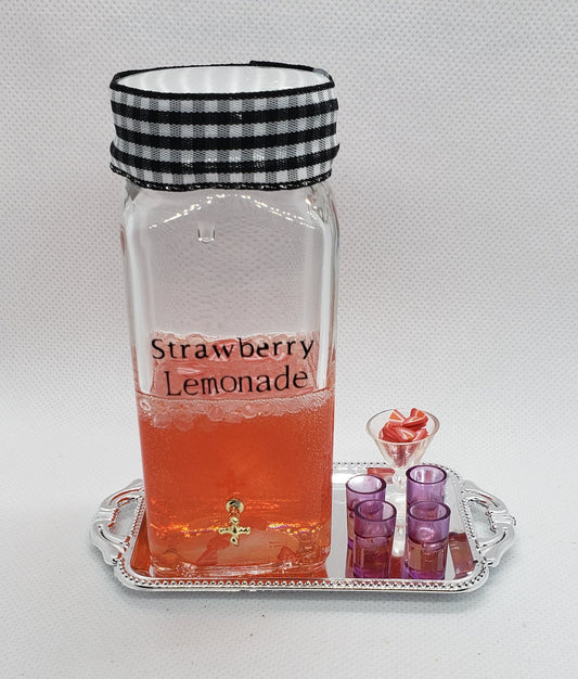 Miniature strawberry lemonade set featuring a bottle and four colorful cups on a decorative tray