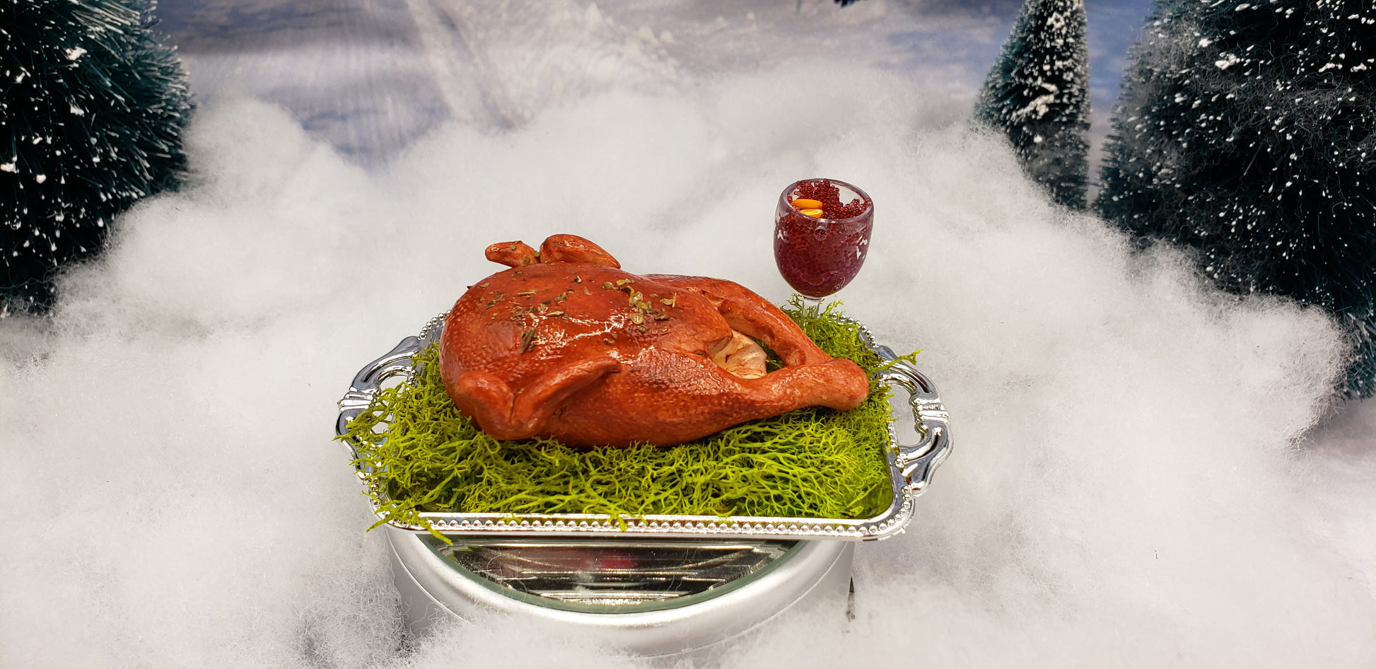 Chef Gina's Mini Food miniature turkey platter for dolls with roasted turkey and cranberry sauce on green garnish